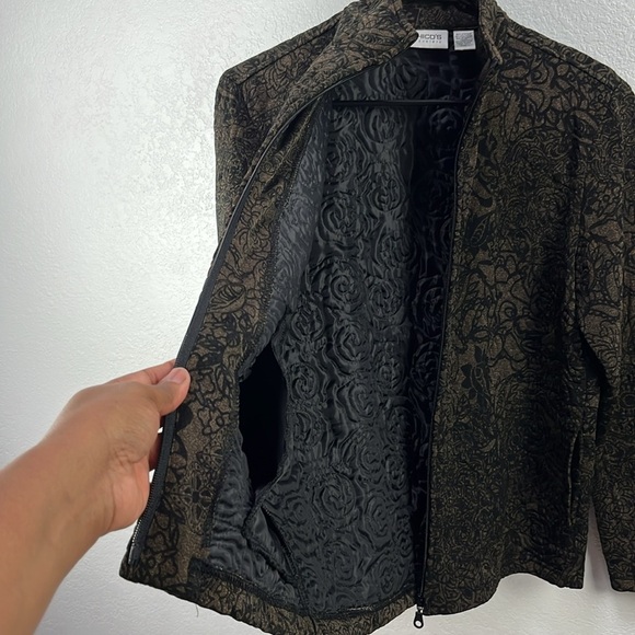 Chicos Travelers Jacket Womens 1 / Medium Brown Black Stretch Floral Zip Up Chic - Picture 5 of 10